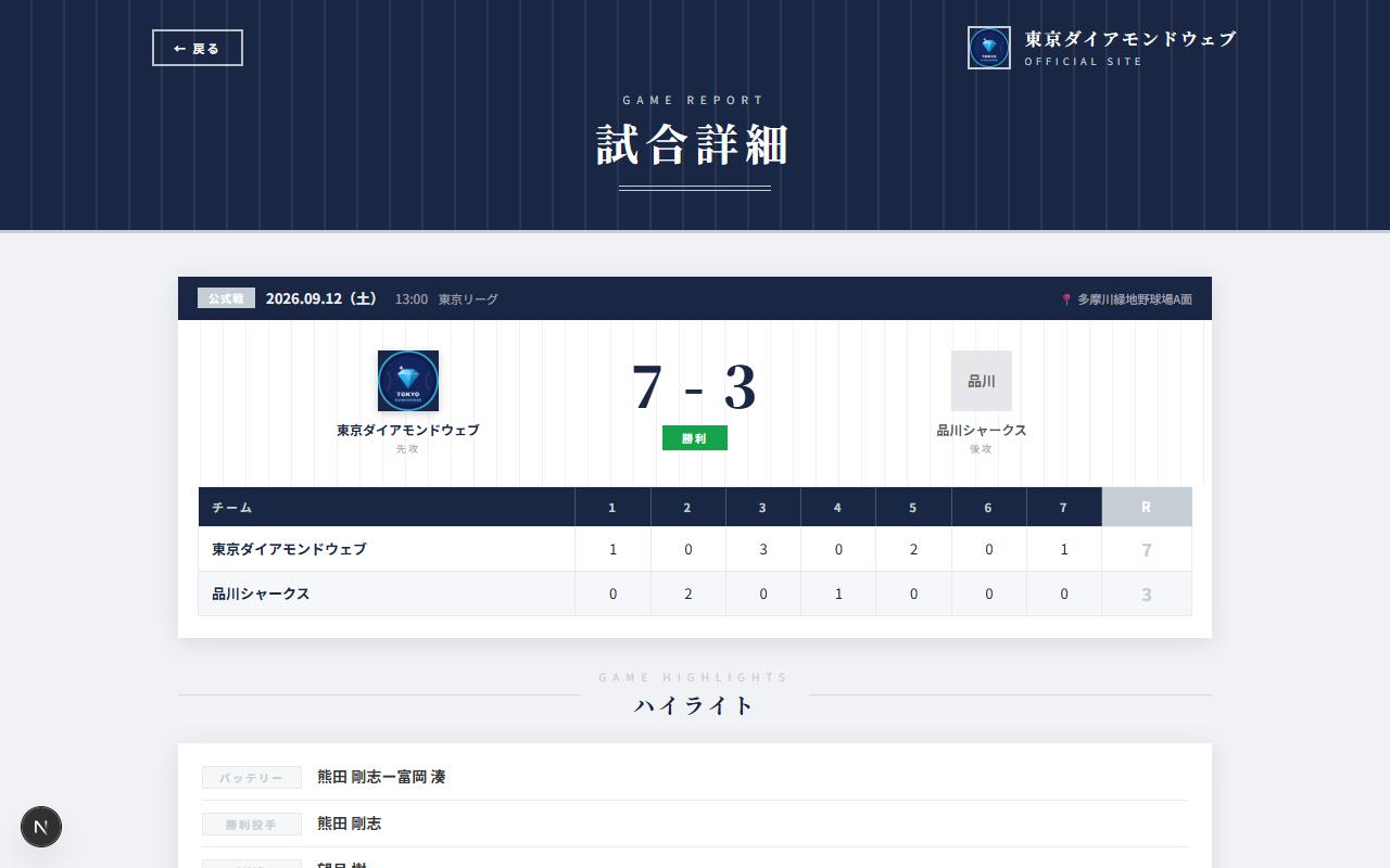 ピンストライプテンプレートの試合詳細ページ(実際の画面)