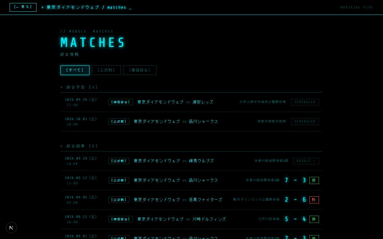 ネオンサイバーテンプレートの試合情報ページ(実際の画面)